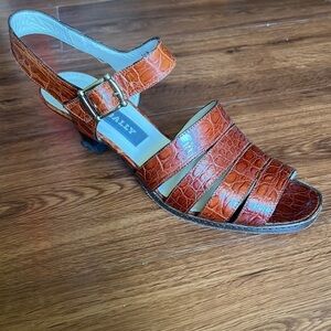 Bally Women’s 8.5N Brown Croc Embossed Leather Strappy Slingback Heels Vintage